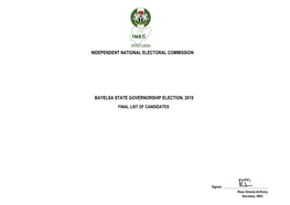 Bayelsa State Governorship Election, 2019 Final List of Candidates