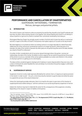 PERFORMANCE and CANCELLATION of CHARTERPARTIES SUSPENSION / WITHDRAWAL / TERMINATION Notices, Damages and Potential Pitfalls
