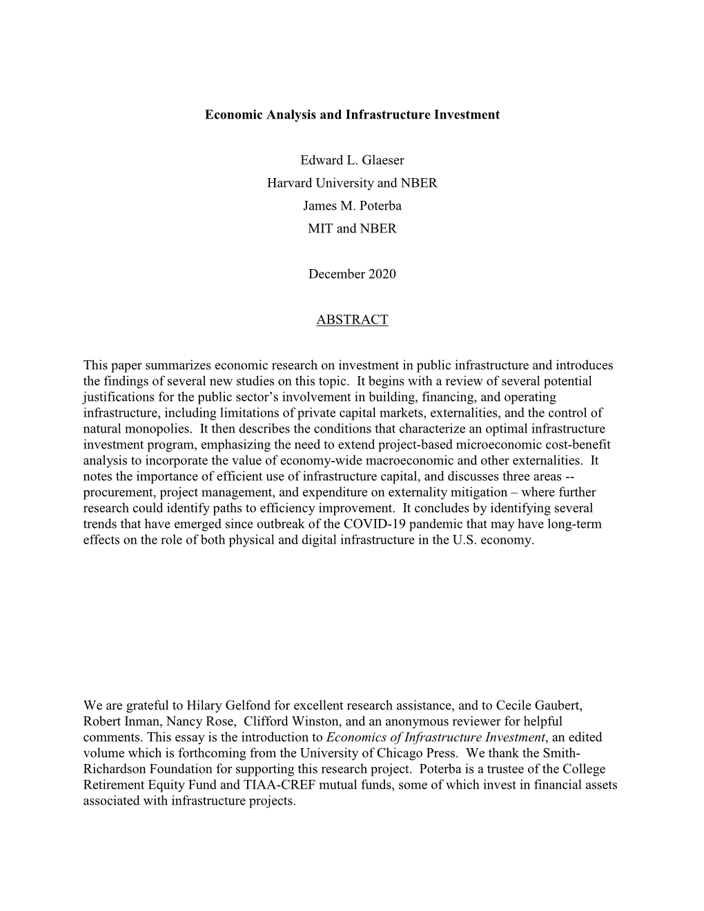 Economic Analysis and Infrastructure Investment Edward L. Glaeser