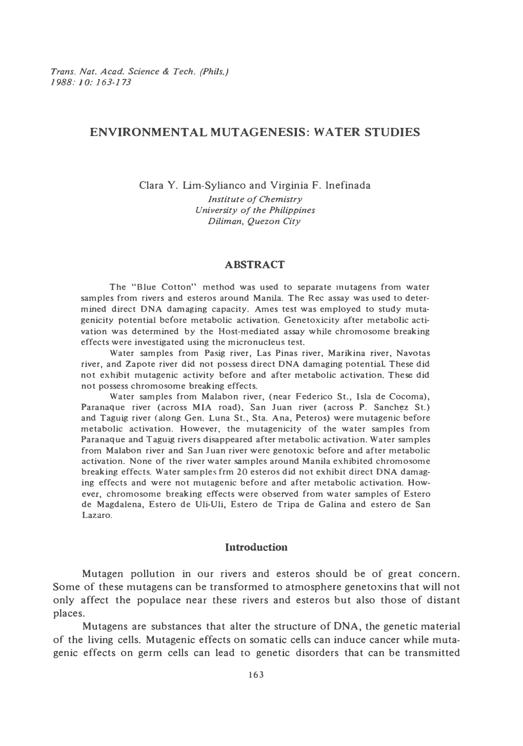 Environmental Mutagenesis. Water Studies