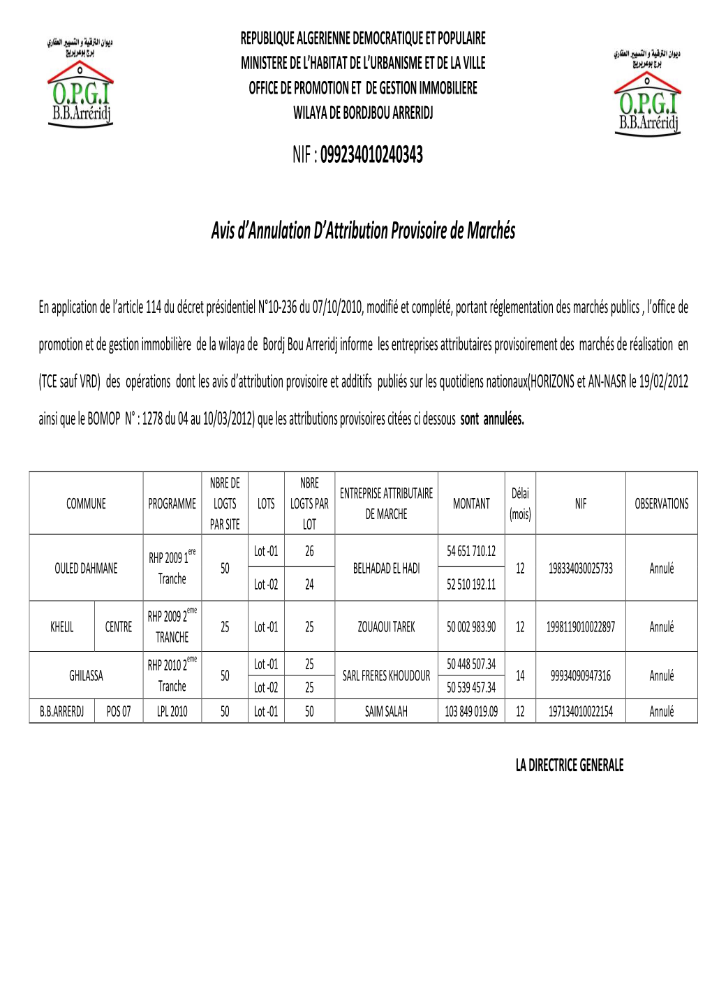 Avis D'annulation De L'attribution Provisoire