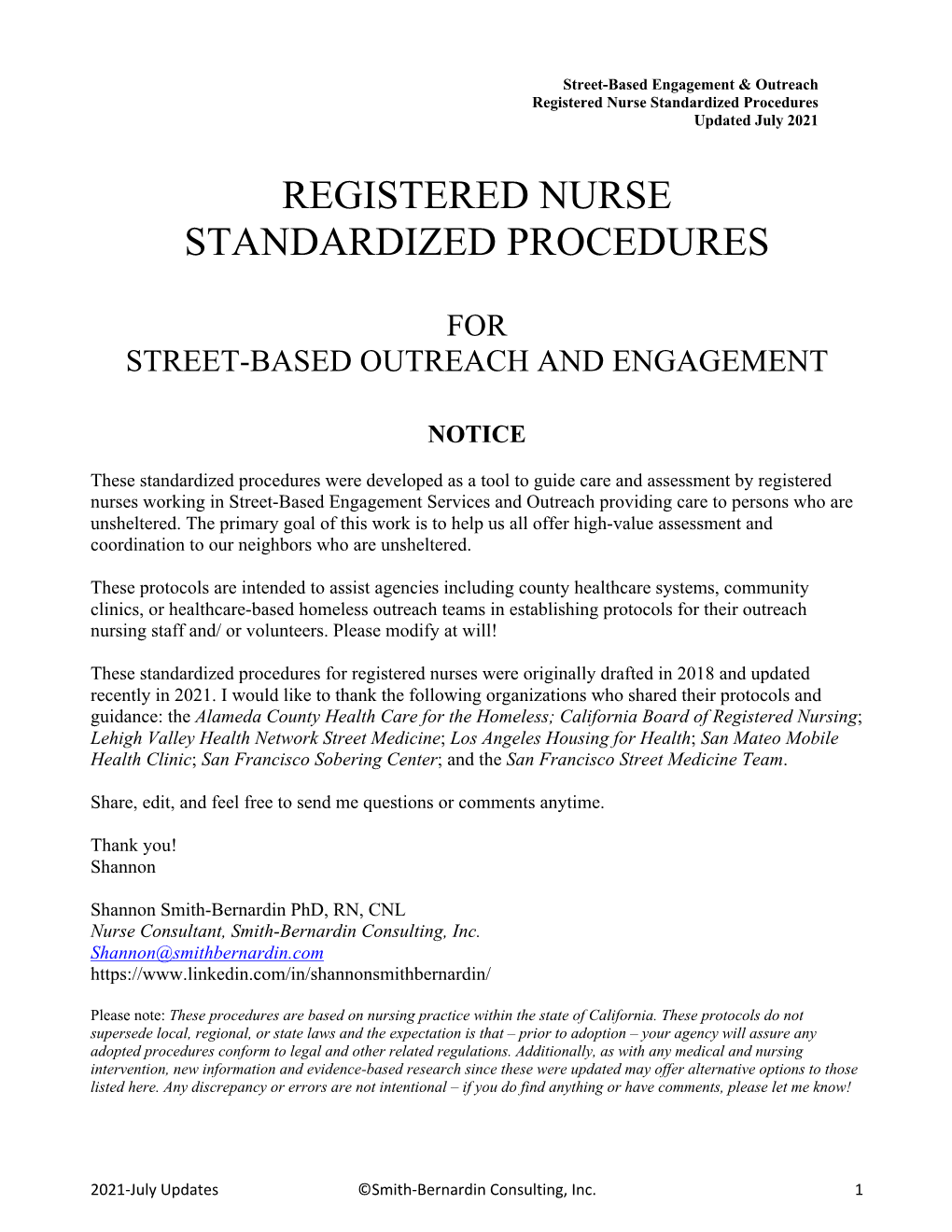 Registered Nurse Standardized Procedures for Street-Based