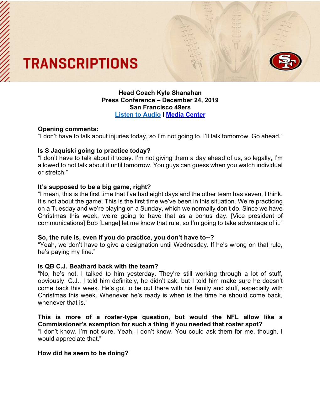 Head Coach Kyle Shanahan Press Conference – December 24, 2019 San Francisco 49Ers Listen to Audio I Media Center