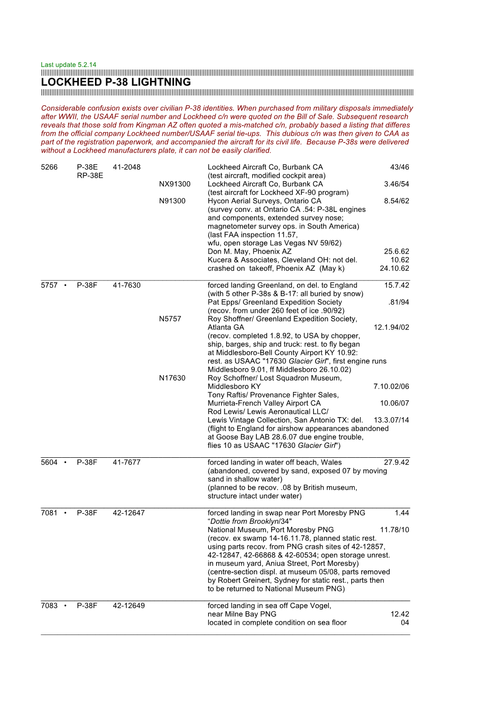 Lockheed P-38 Lightning Production ID List