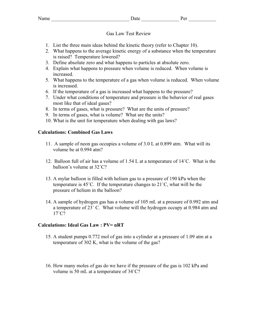 Gas Law Test Review