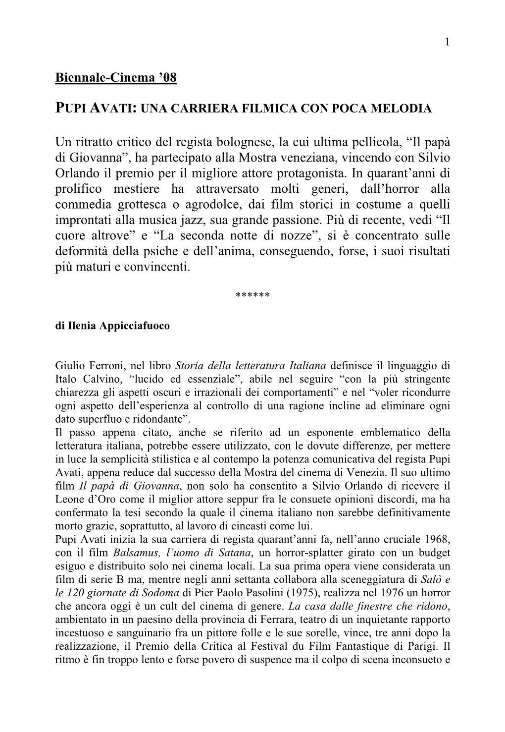 Pupi Avati: Una Carriera Filmica Con Poca Melodia