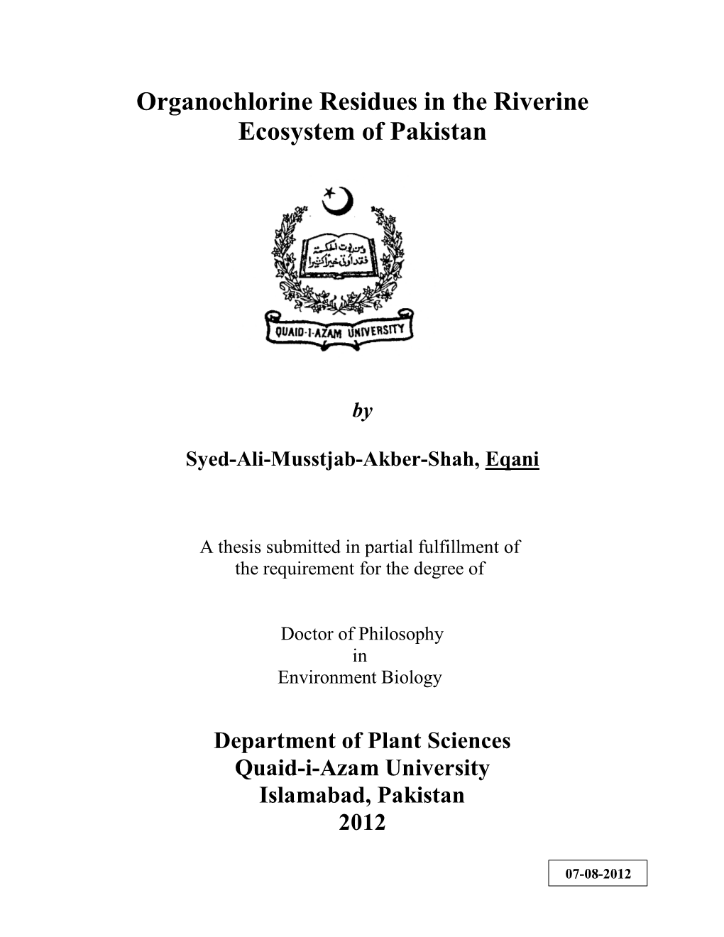 Organochlorine Residues in the Riverine Ecosystem of Pakistan