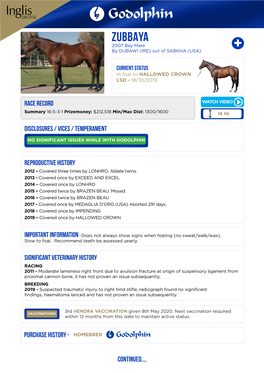 ZUBBAYA Bay Mare Foaled 2007 Seeking the Gold