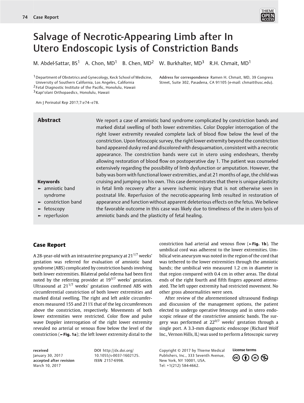 Salvage of Necrotic-Appearing Limb After in Utero Endoscopic Lysis of Constriction Bands