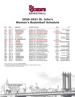 2020-2021 St. John's Women's Basketball Schedule