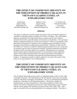 The Effect of Community Identity on the Perception of Product Quality in Vietnam’S Leading Cities; an Exploratory Study