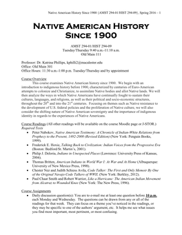 Native American History Since 1900 {AMST 294-01/HIST 294-09}, Spring 2016 – 1