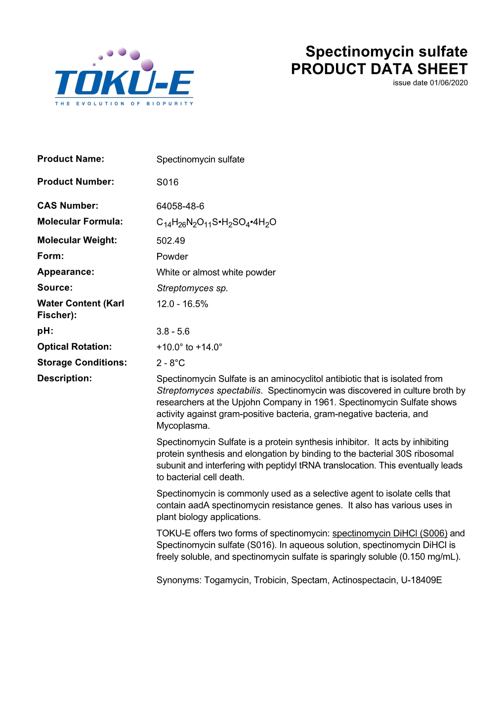 Spectinomycin Sulfate PRODUCT DATA SHEET Issue Date 01/06/2020