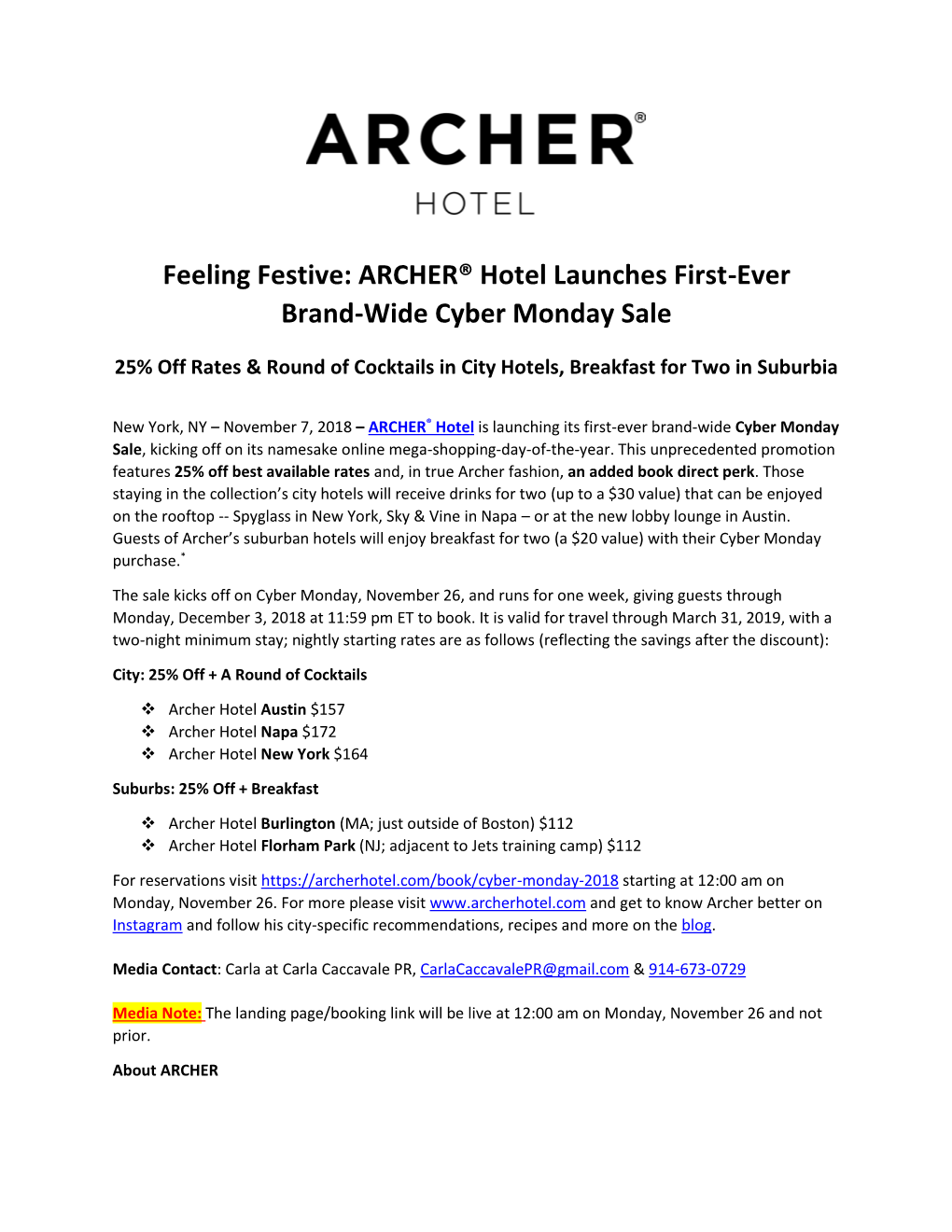 Feeling Festive: ARCHER® Hotel Launches First-Ever Brand-Wide