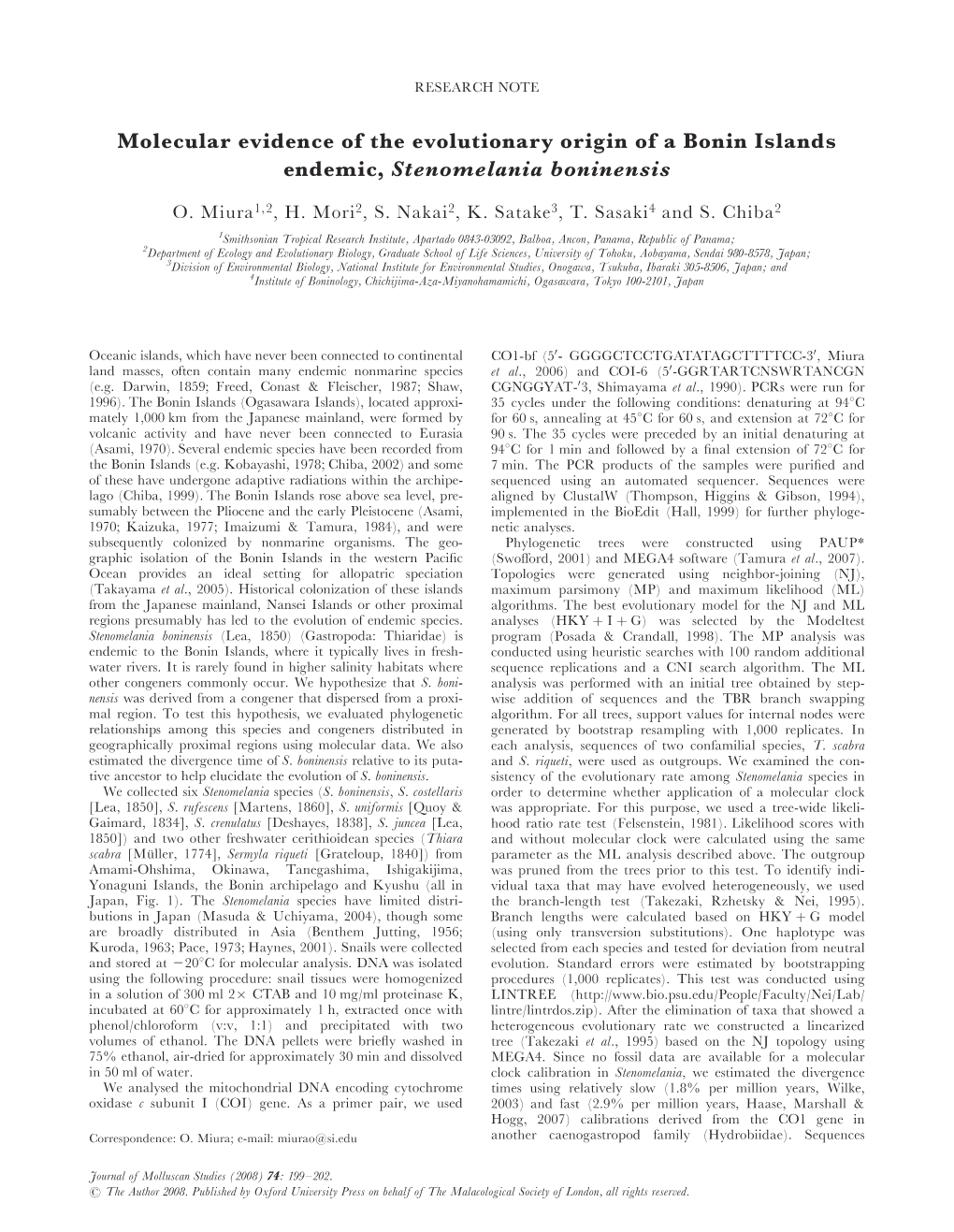 Molecular Evidence of the Evolutionary Origin of a Bonin Islands Endemic, Stenomelania Boninensis
