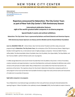Repertory Announced for Balanchine: the City Center Years As Part of New York City Center’S 75Th Anniversary Season