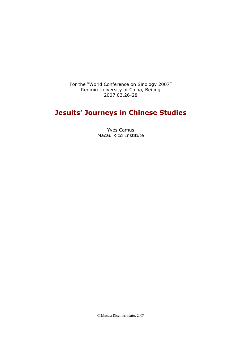 Jesuits' Journeys in Chinese Studies