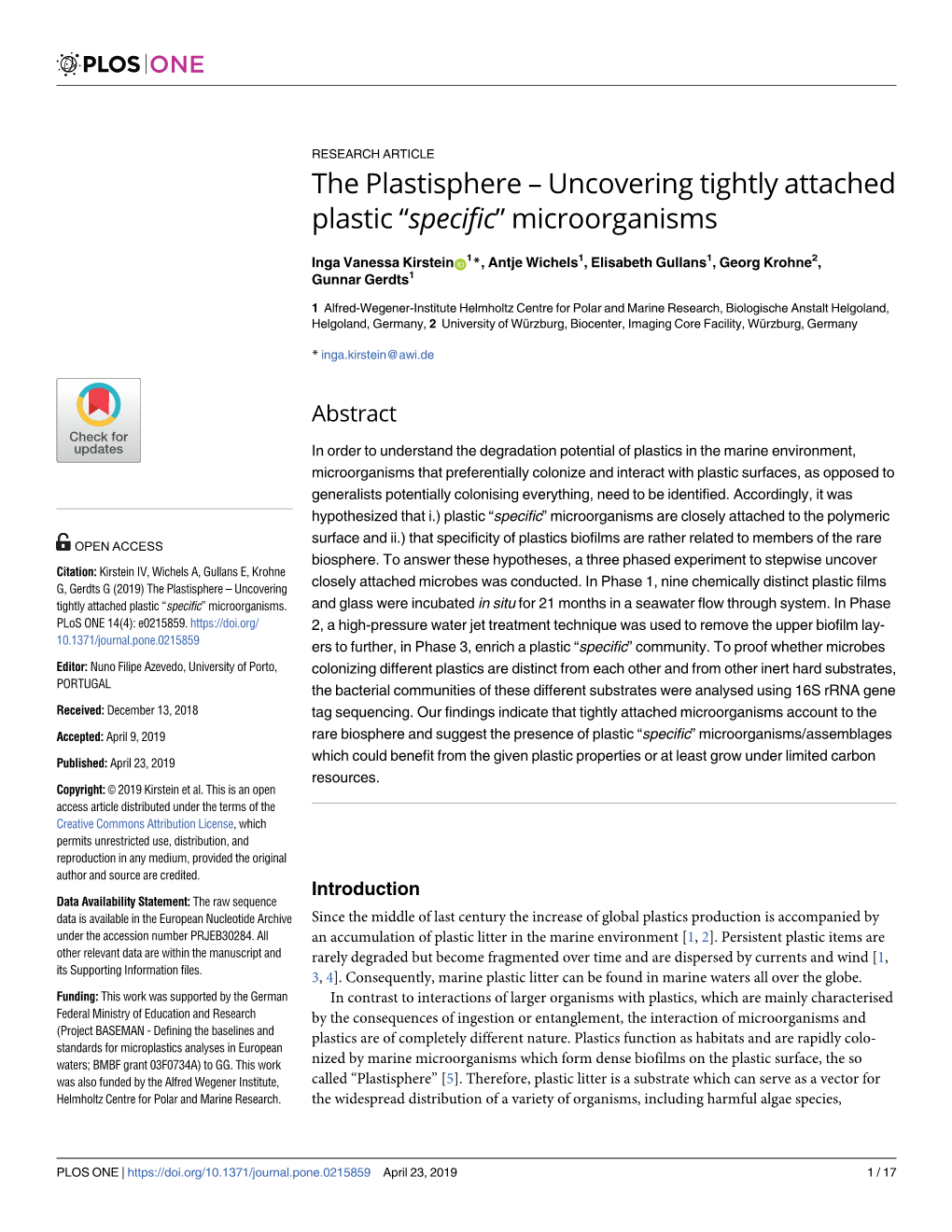 The Plastisphere # #X2013; Uncovering Tightly Attached Plastic # #X201c;Specific# #X201d; Microorganisms