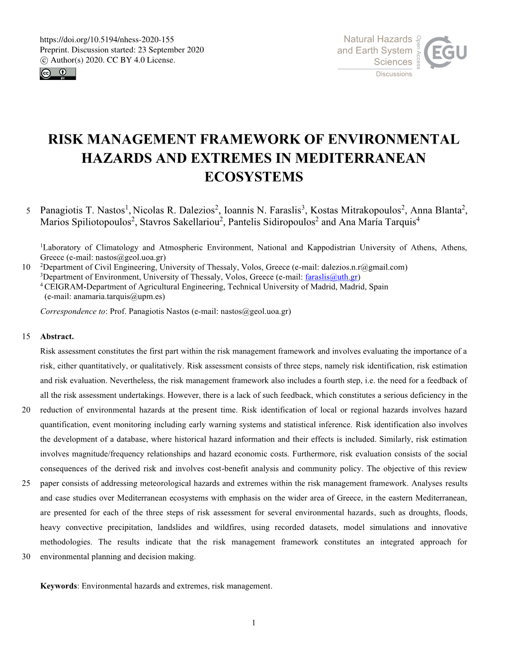 Risk Management Framework of Environmental Hazards and Extremes in Mediterranean Ecosystems