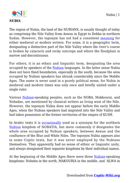 Nubia | 1 Downloaded from Coptic-Wiki.Org NUBIA the Region Of