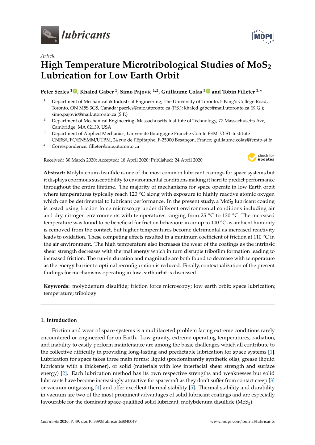 High Temperature Microtribological Studies of Mos2 Lubrication for Low Earth Orbit