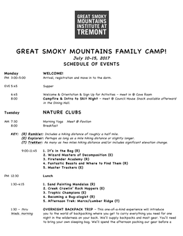 GREAT SMOKY MOUNTAINS FAMILY CAMP! July 10-15, 2017 SCHEDULE of EVENTS