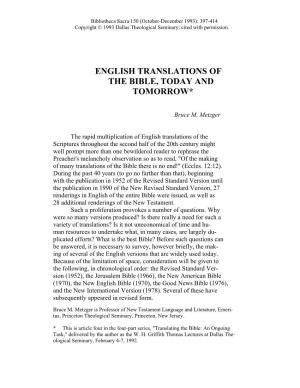 English Translations of the Bible, Today and Tomorrow*