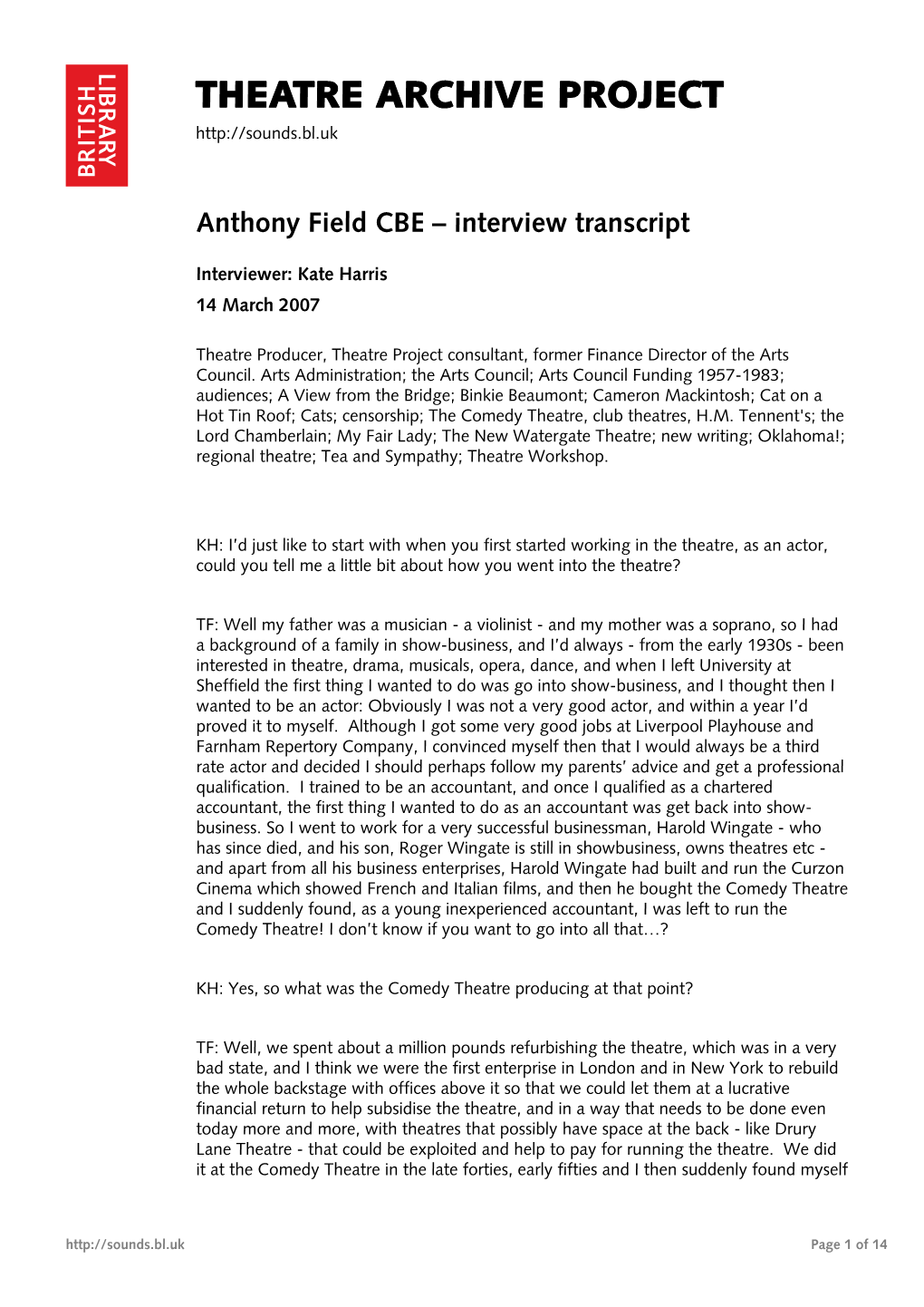 Theatre Archive Project: Interview with Anthony Field