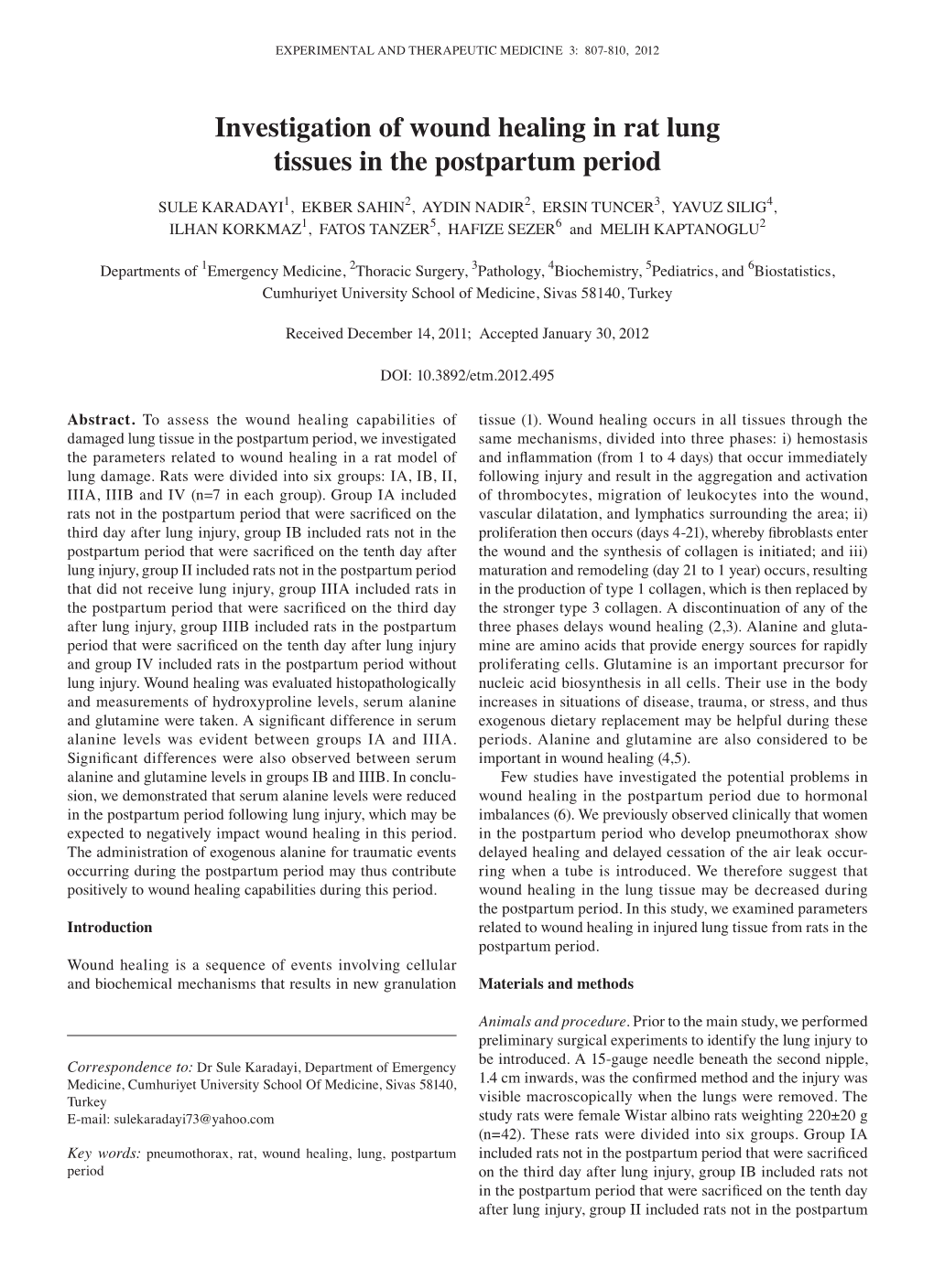 Investigation of Wound Healing in Rat Lung Tissues in the Postpartum Period