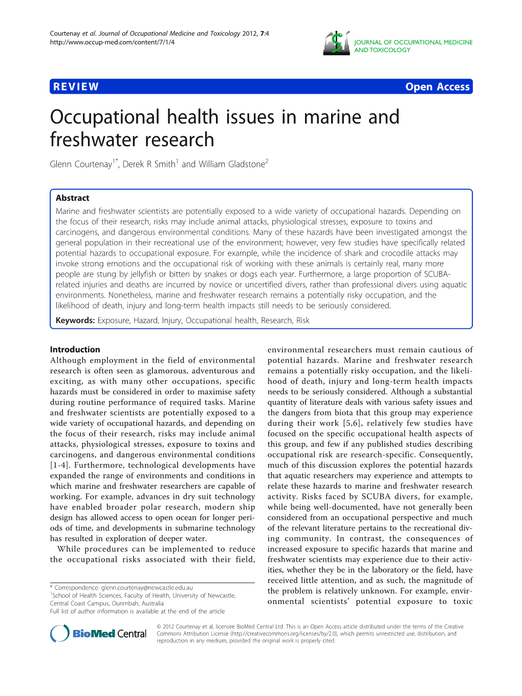 Occupational Health Issues in Marine and Freshwater Research Glenn Courtenay1*, Derek R Smith1 and William Gladstone2