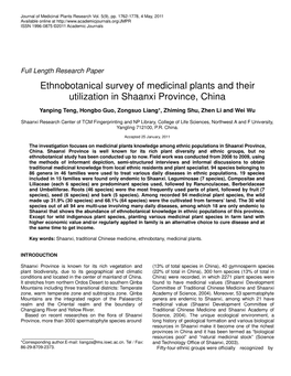 Ethnobotanical Survey of Medicinal Plants and Their Utilization in Shaanxi Province, China