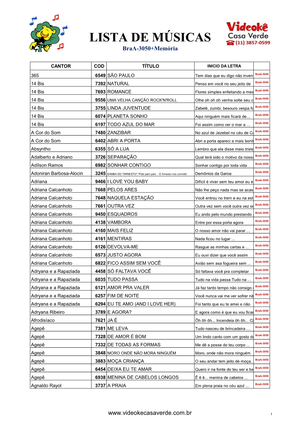 LISTA DE MÚSICAS Braa-3050+Memória