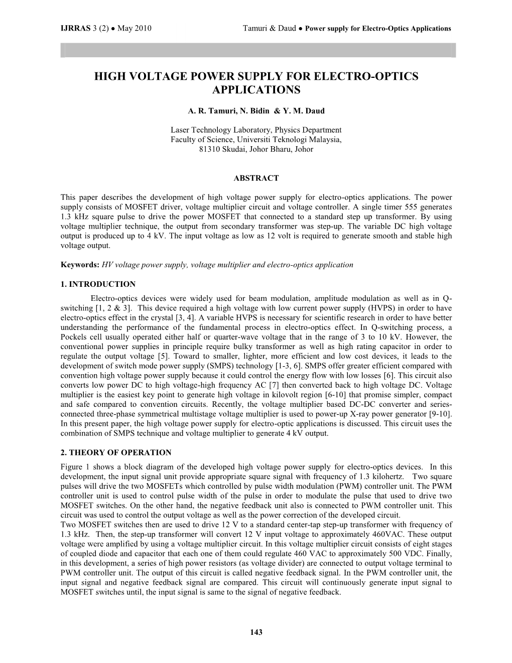 High Voltage Power Supply for Electro-Optics Q-Switching