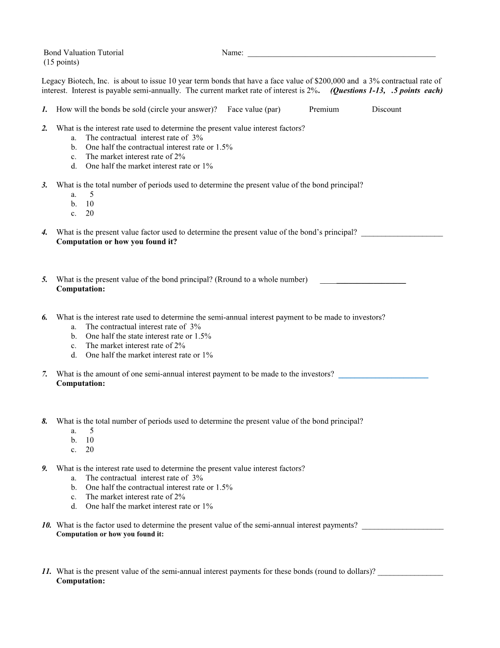 Term Bond Valuation Tutorial Student Worksheet