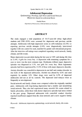 Adolescent Depression Epidemiology, Nosology, Life Stress and Social Network Minireview Based on a Doctoral Thesis