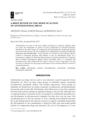 Review Article a BRIEF REVIEW on the MODE of ACTION of ANTINEMATODAL DRUGS