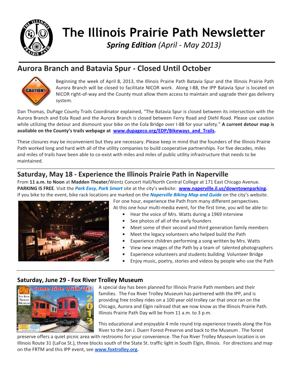 The Illinois Prairie Path Newsletter Spring Edition (April - May 2013)