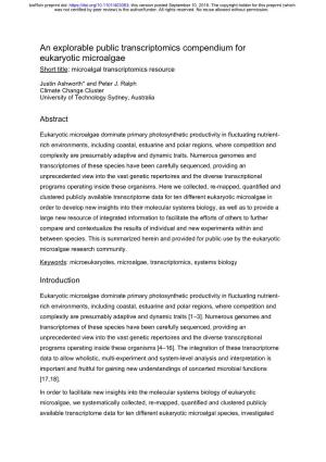 An Explorable Public Transcriptomics Compendium for Eukaryotic Microalgae Short Title: Microalgal Transcriptomics Resource
