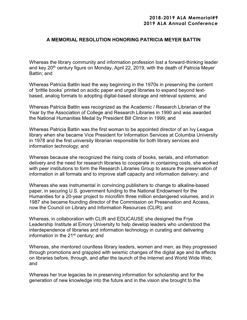 A Memorial Resolution Honoring Patricia Meyer Battin