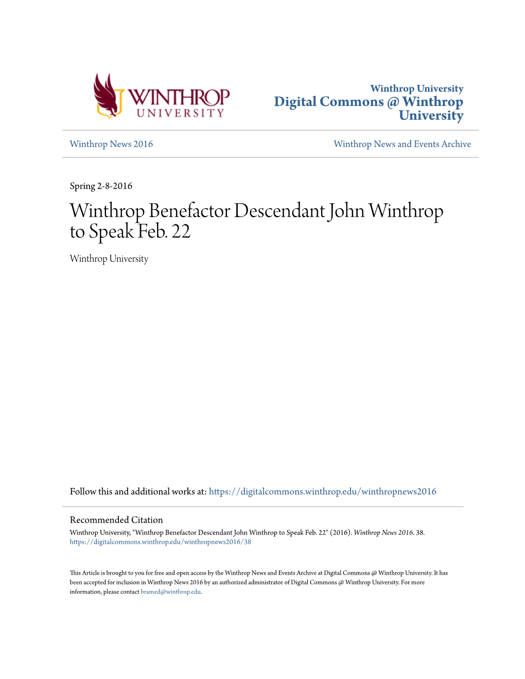 Winthrop Benefactor Descendant John Winthrop to Speak Feb. 22 Winthrop University