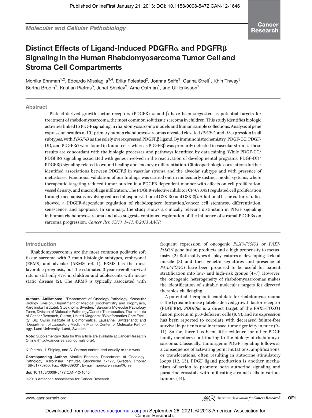 Distinct Effects of Ligand-Induced Pdgfra and Pdgfrb Signaling in the Human Rhabdomyosarcoma Tumor Cell and Stroma Cell Compartments