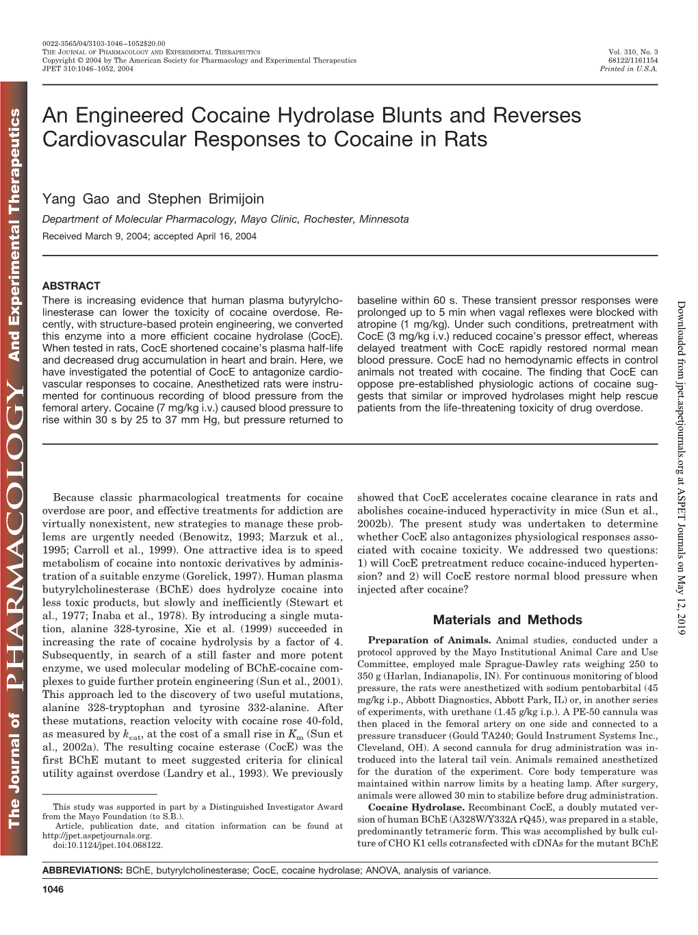 An Engineered Cocaine Hydrolase Blunts and Reverses Cardiovascular Responses to Cocaine in Rats