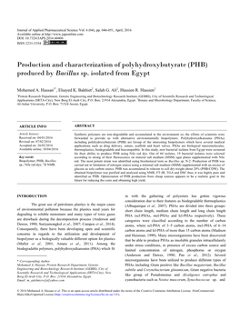 (PHB) Produced by Bacillus Sp. Isolated from Egypt