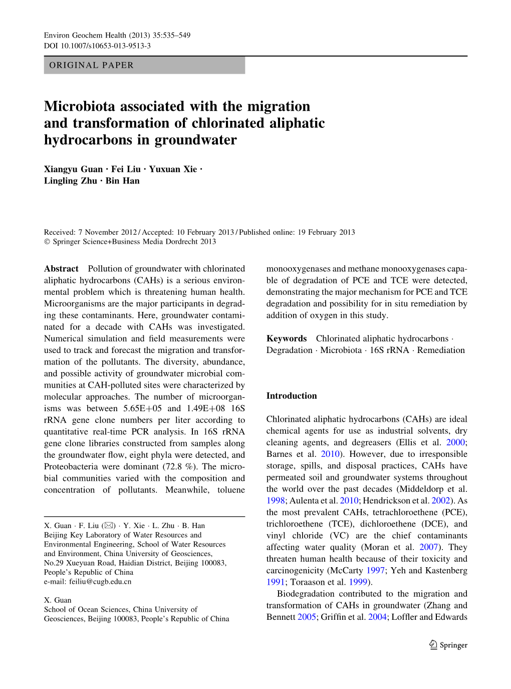 Microbiota Associated with the Migration and Transformation of Chlorinated Aliphatic Hydrocarbons in Groundwater