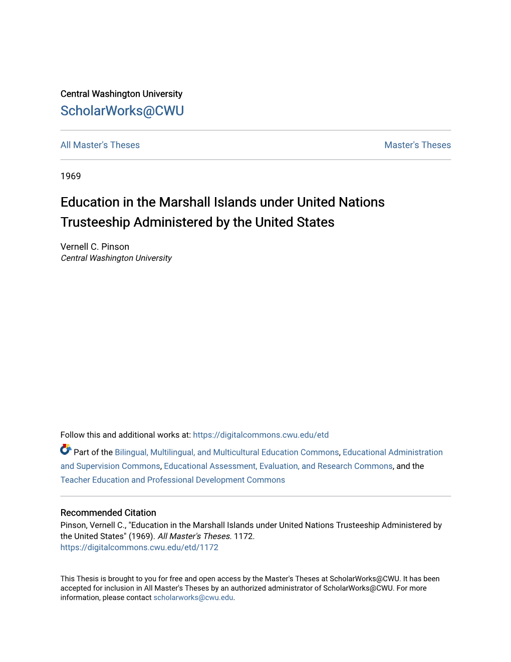 Education in the Marshall Islands Under United Nations Trusteeship Administered by the United States