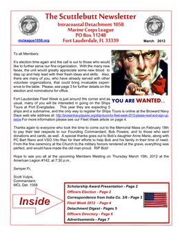 The Scuttlebutt Newsletter Intracoastal Detachment 1058 Marine Corps League PO Box 11248 Mcleague1058.Org Fort Lauderdale, FL 33339 March 2012