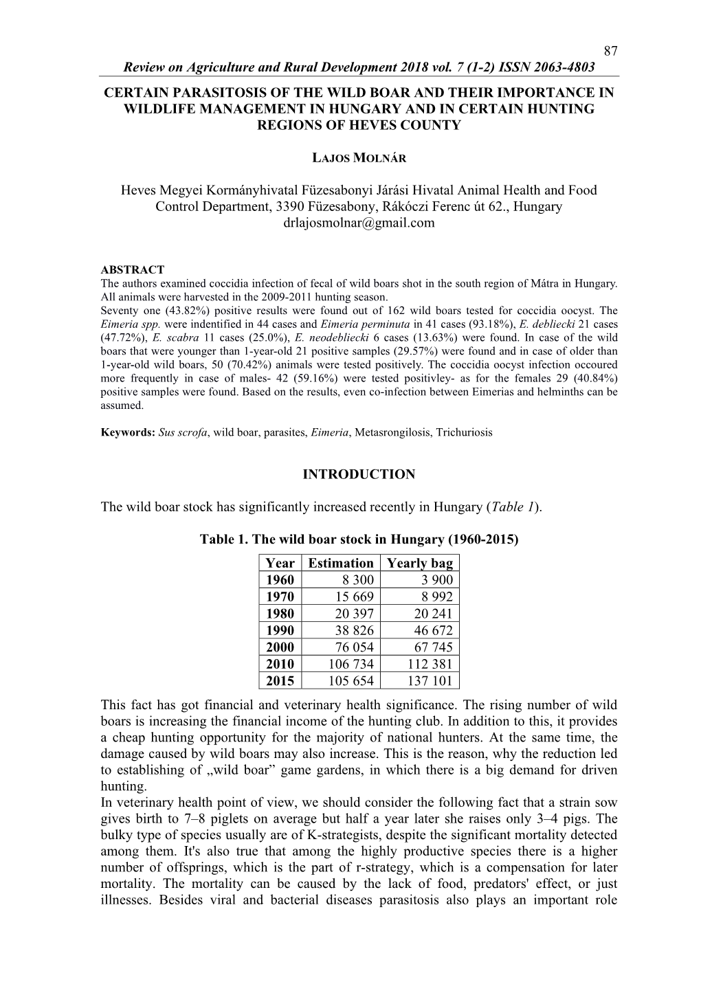 Issn 2063-4803 87 Certain Parasitosis of the Wild Boar