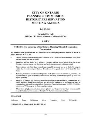 City of Ontario Planning Commission/ Historic Preservation Meeting Agenda