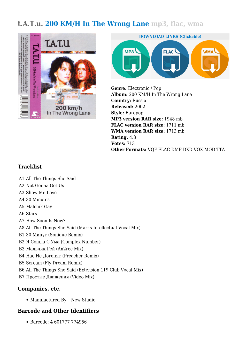 T.A.T.U. 200 KM/H in the Wrong Lane Mp3, Flac, Wma