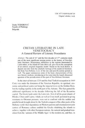 CRETAN LITERATURE in LATE VENETOCRACY a General Review Ofliterary Procedures